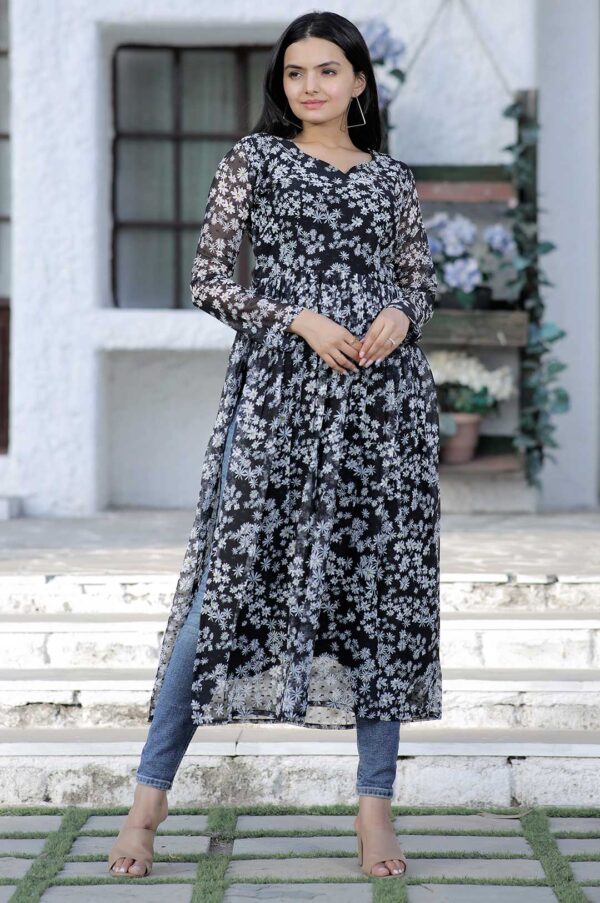 Black Floral Print Georgette Kurta with Side Slits and Full Sleeves