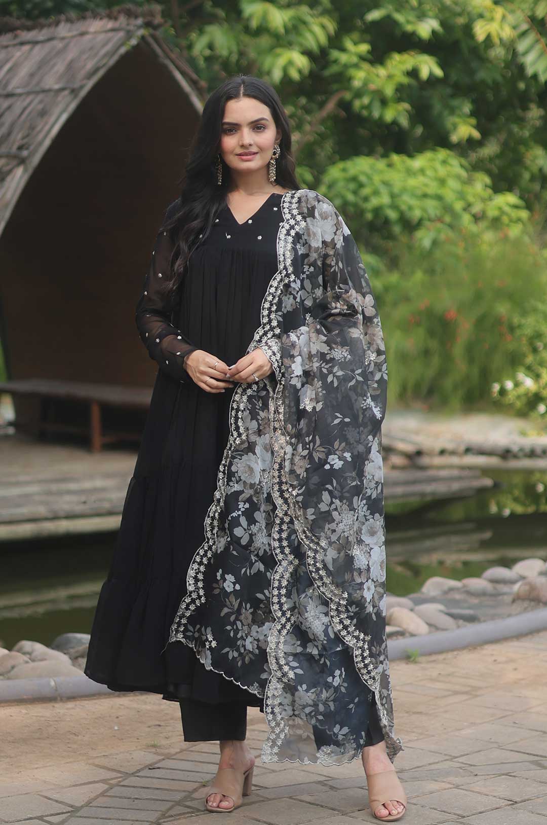 Black Georgette Anarkali Suit with Floral Dupatta
