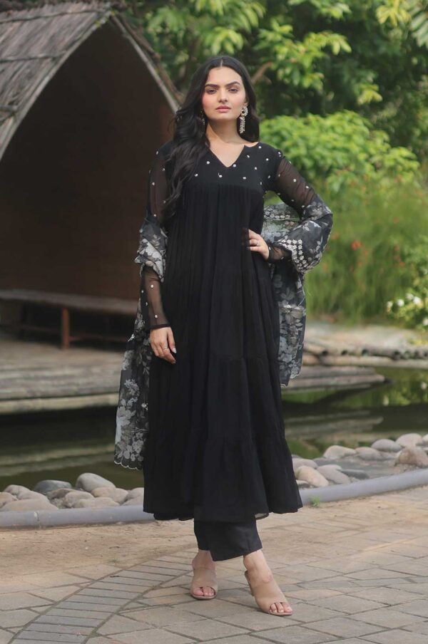 Black Georgette Anarkali Suit with Floral Dupatta