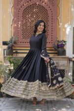 Black-Georgette-Gown-with-Gold-Zari-&amp;-Mirror-Embellishments