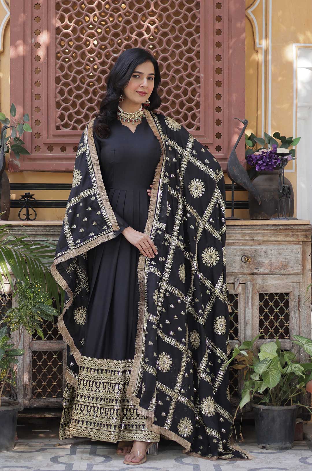 Black Georgette Gown with Gold Zari & Mirror Embellishments