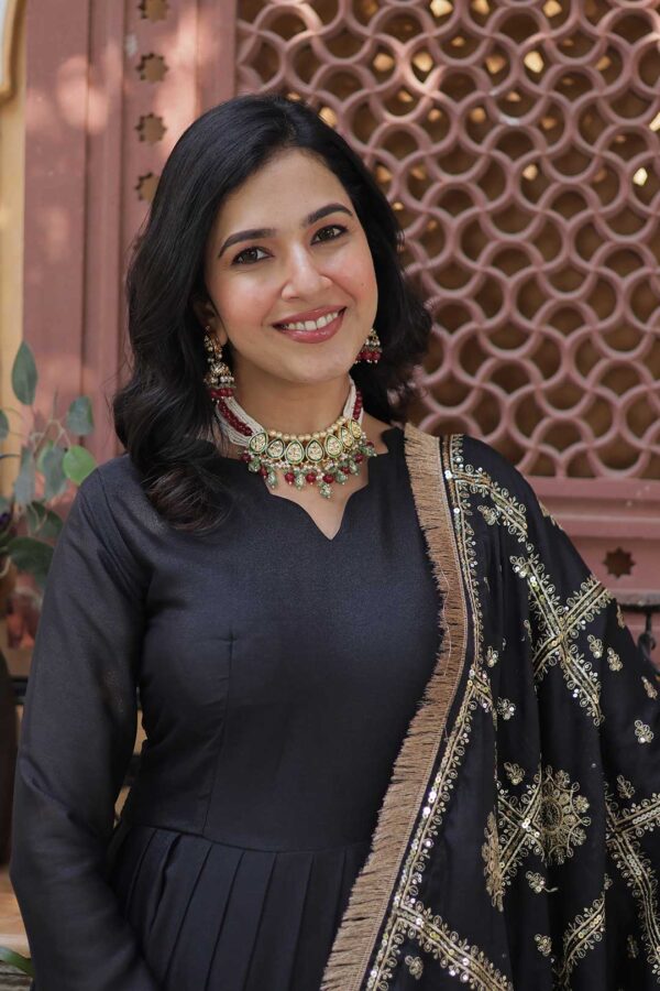 Black Georgette Gown with Gold Zari & Mirror Embellishments