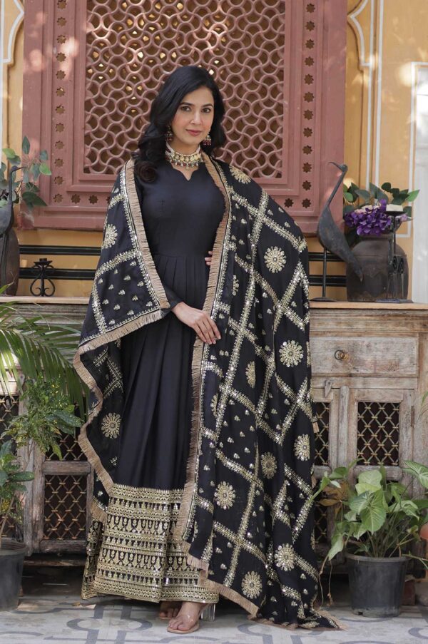 Black Georgette Gown with Gold Zari & Mirror Embellishments
