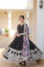 Black-Georgette-Gown-with-Mirror-Work-&amp;-Zari-Embroidery-and-Printed-Dupatta