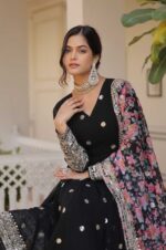 Black-Georgette-Gown-with-Mirror-Work-&amp;-Zari-Embroidery-and-Printed-Dupatta-3