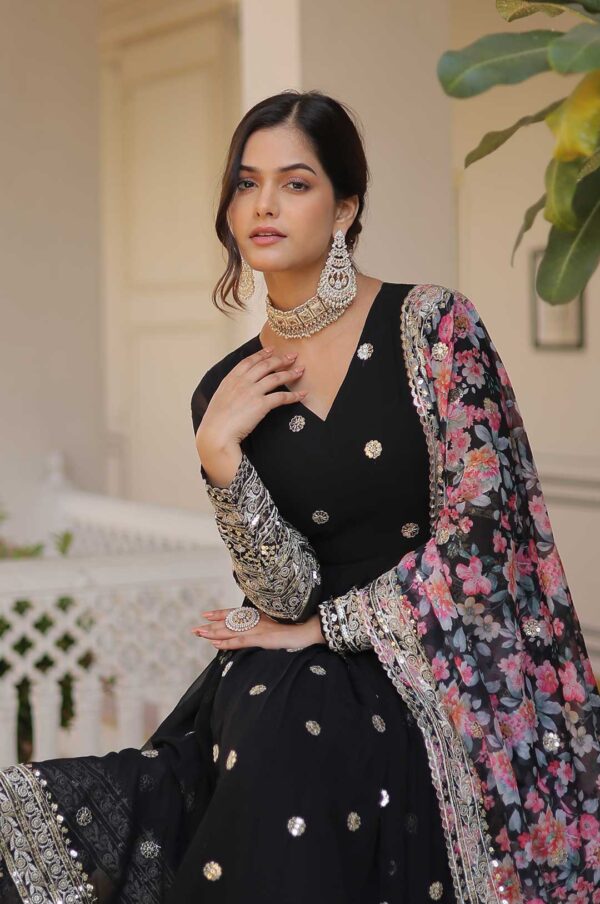Black Georgette Gown with Mirror Work & Zari Embroidery and Printed Dupatta