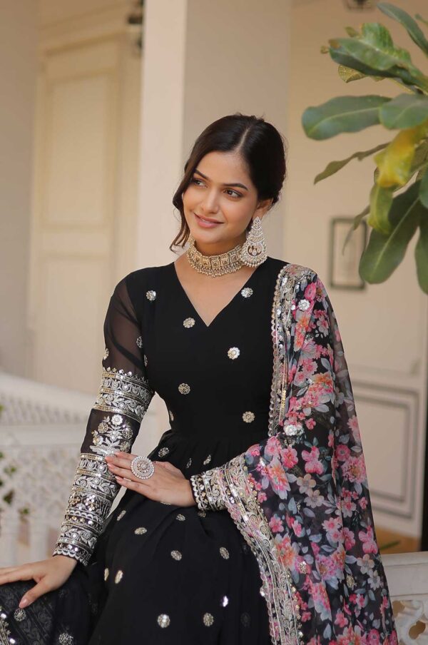 Black Georgette Gown with Mirror Work & Zari Embroidery and Printed Dupatta