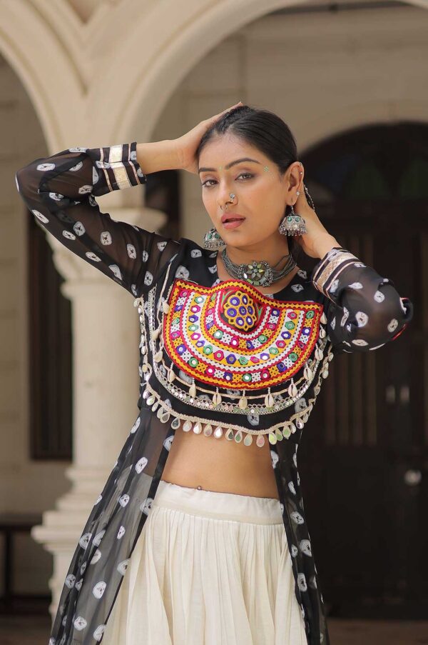 Black Kora Cotton Lehenga with Bandhani Kutchi Work Kurti Set