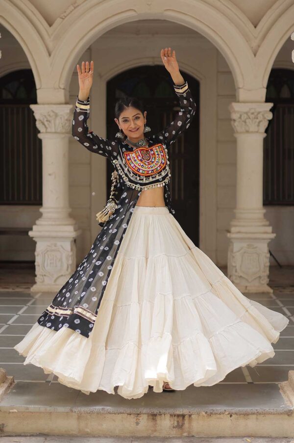 Black Kora Cotton Lehenga with Bandhani Kutchi Work Kurti Set