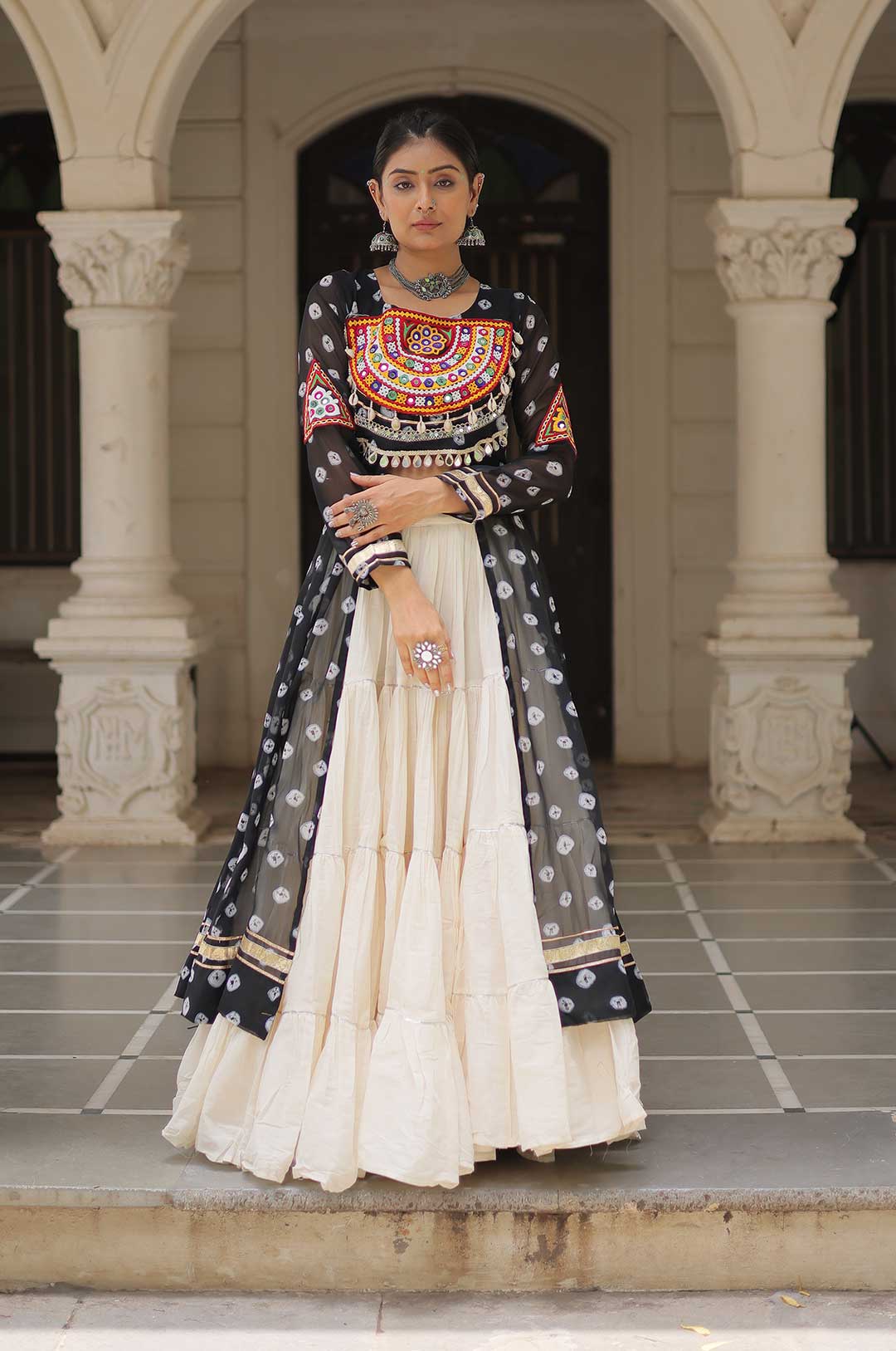 Black Kora Cotton Lehenga with Bandhani Kutchi Work Kurti Set