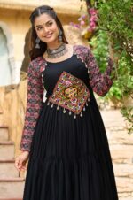 Black-Kutchi-Gamthi-Embroidered-Reyon-Gown-with-12-Mtr-Flair-&amp;-Printed-Sleeves