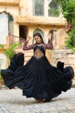 Black-Kutchi-Gamthi-Embroidered-Reyon-Gown-with-12-Mtr-Flair-&amp;-Printed-Sleeves-2