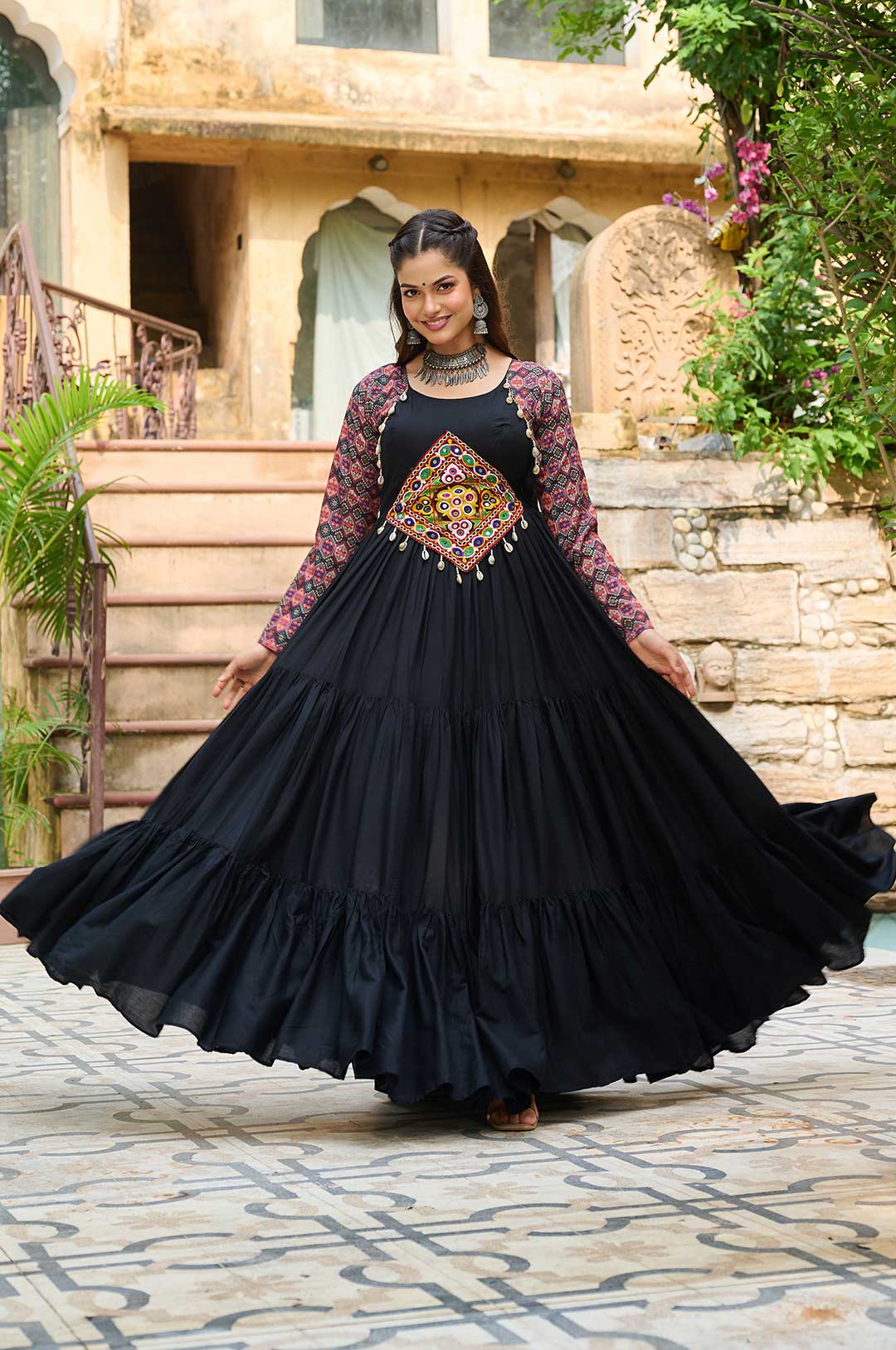 Black Kutchi Gamthi Embroidered Reyon Gown with 12 Mtr Flair & Printed Sleeves