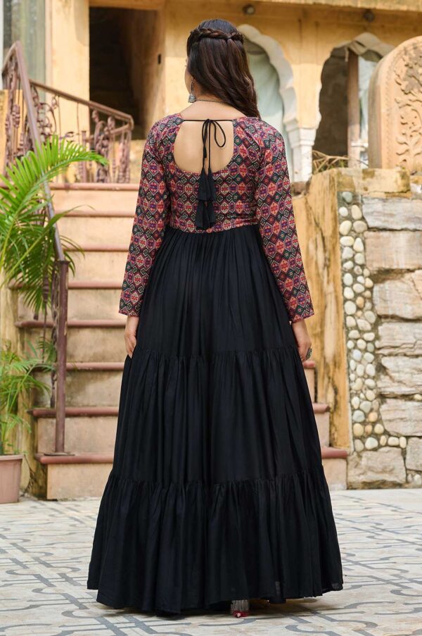 Black Kutchi Gamthi Embroidered Reyon Gown with 12 Mtr Flair & Printed Sleeves