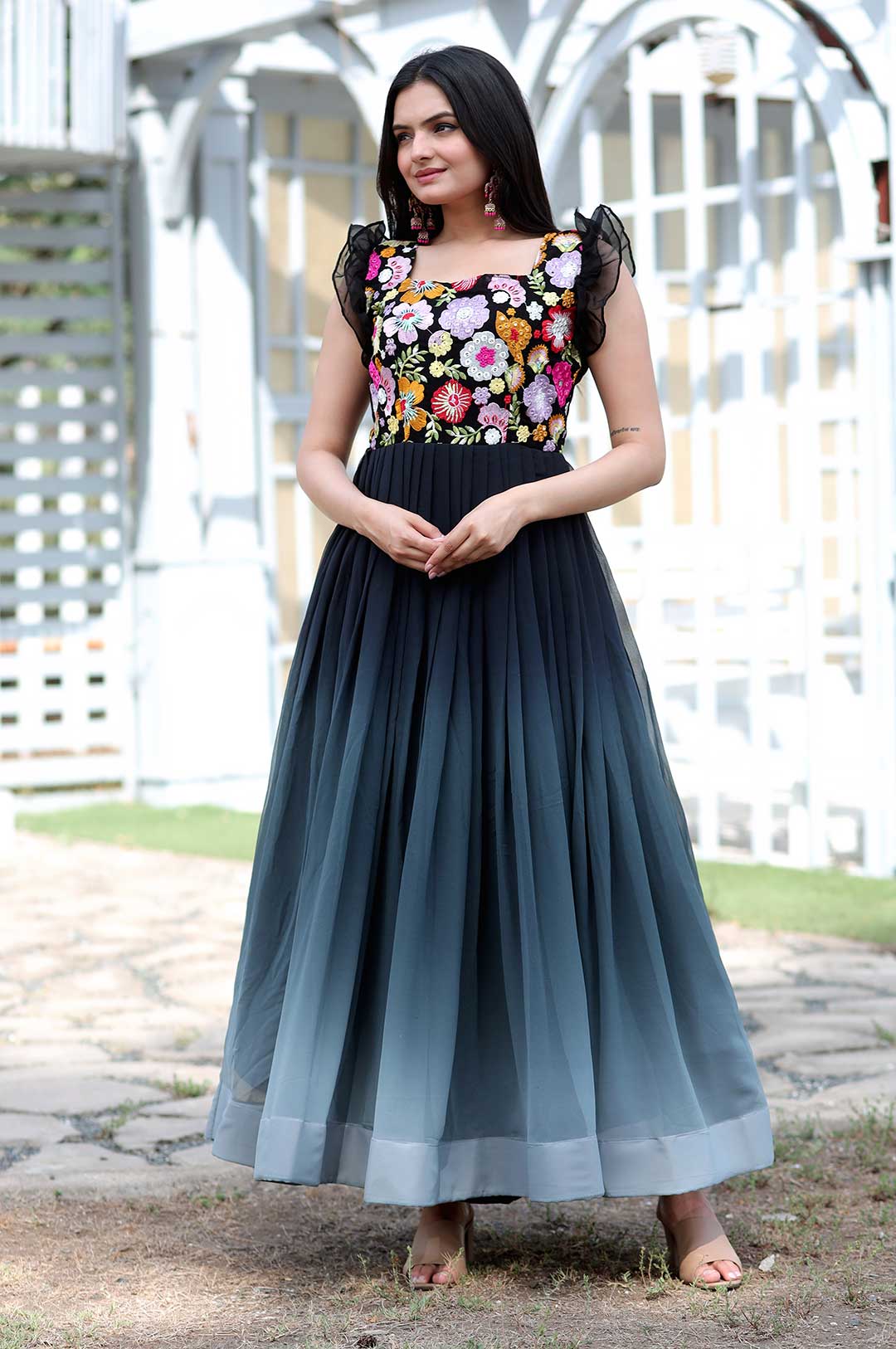 Black Ombre Georgette Gown with Floral Embroidered Bodice