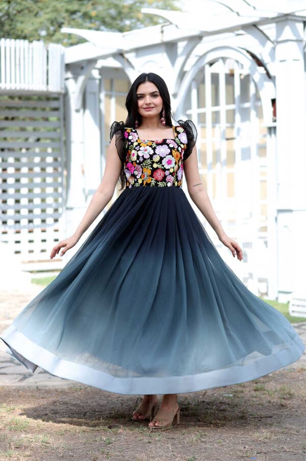Black Ombre Georgette Gown with Floral Embroidered Bodice