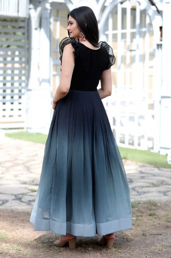 Black Ombre Georgette Gown with Floral Embroidered Bodice