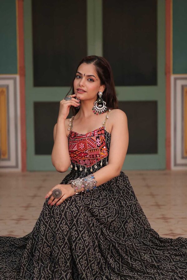 Black Printed Georgette Gown with Embroidered & Mirror Work Yoke