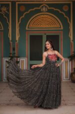 Black-Printed-Georgette-Gown-with-Embroidered-&amp;-Mirror-Work-Yoke-2