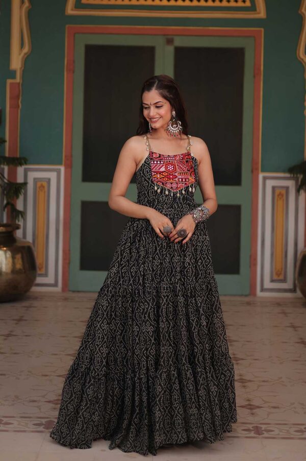 Black Printed Georgette Gown with Embroidered & Mirror Work Yoke