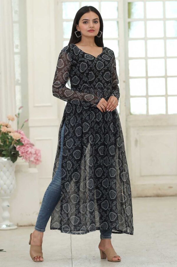 Black Printed Georgette Kurta with Side Slits and Full Sleeves