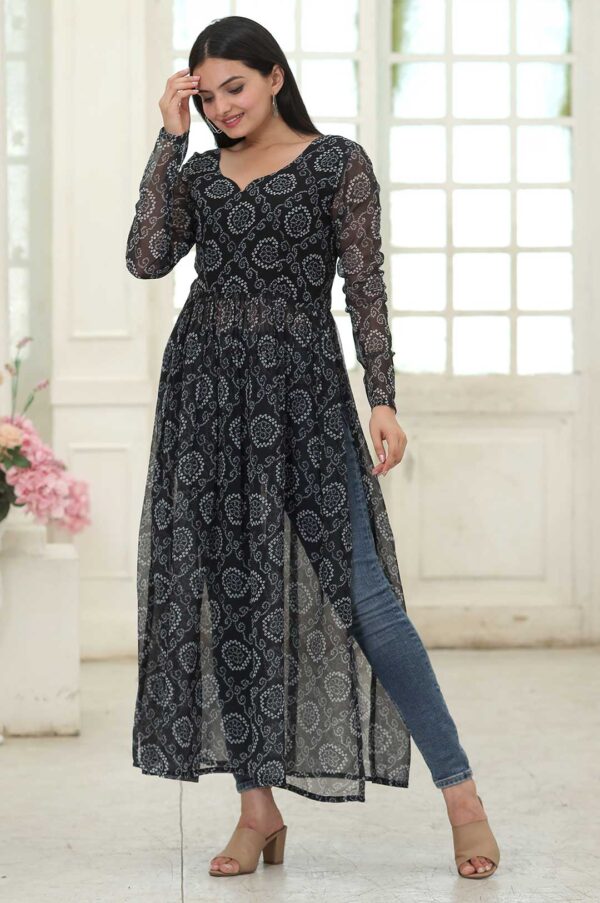 Black Printed Georgette Kurta with Side Slits and Full Sleeves