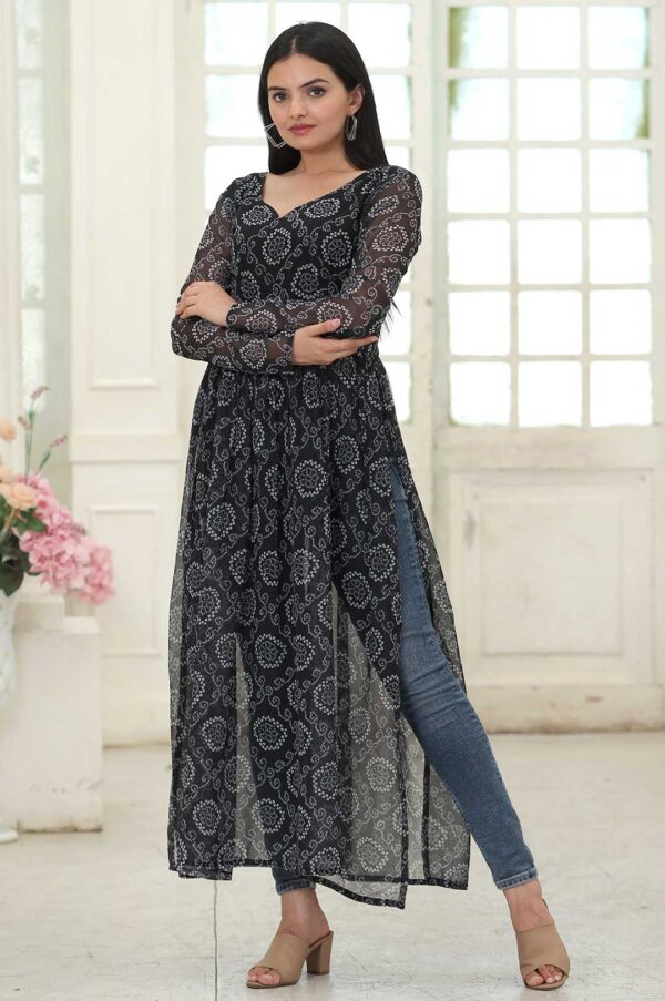 Black Printed Georgette Kurta with Side Slits and Full Sleeves