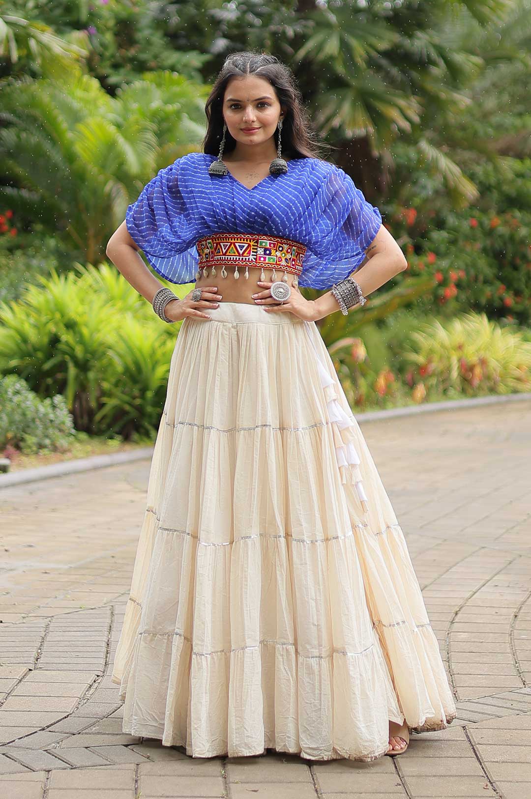 Blue Designer Kora Cottan Lehenga With Leheriya & Kutchi Patchwork Blouse