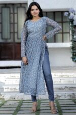 Blue-Floral-Print-Georgette-Kurta-with-Side-Slits-and-Full-Sleeves