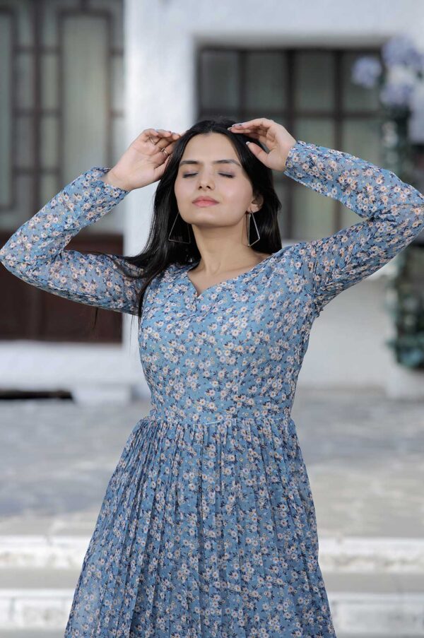 Blue Floral Print Georgette Kurta with Side Slits and Full Sleeves