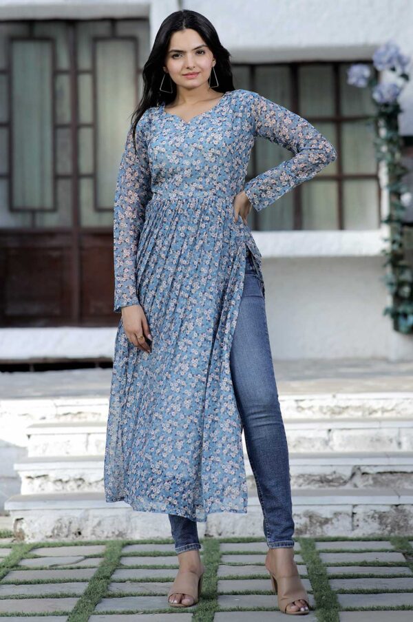 Blue Floral Print Georgette Kurta with Side Slits and Full Sleeves