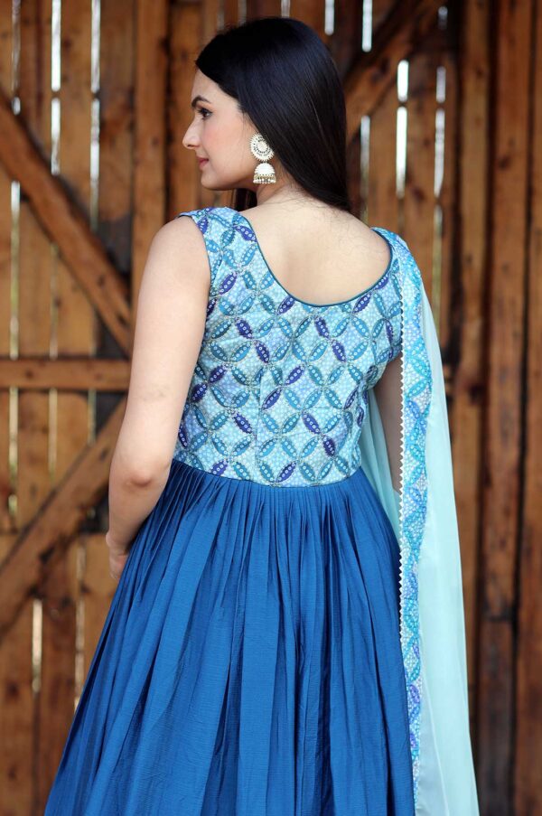 Blue Georgette Gown with Embroidered Bodice and Blue Dupatta