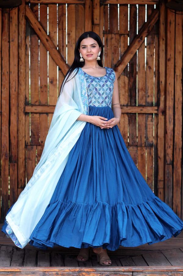 Blue Georgette Gown with Embroidered Bodice and Blue Dupatta