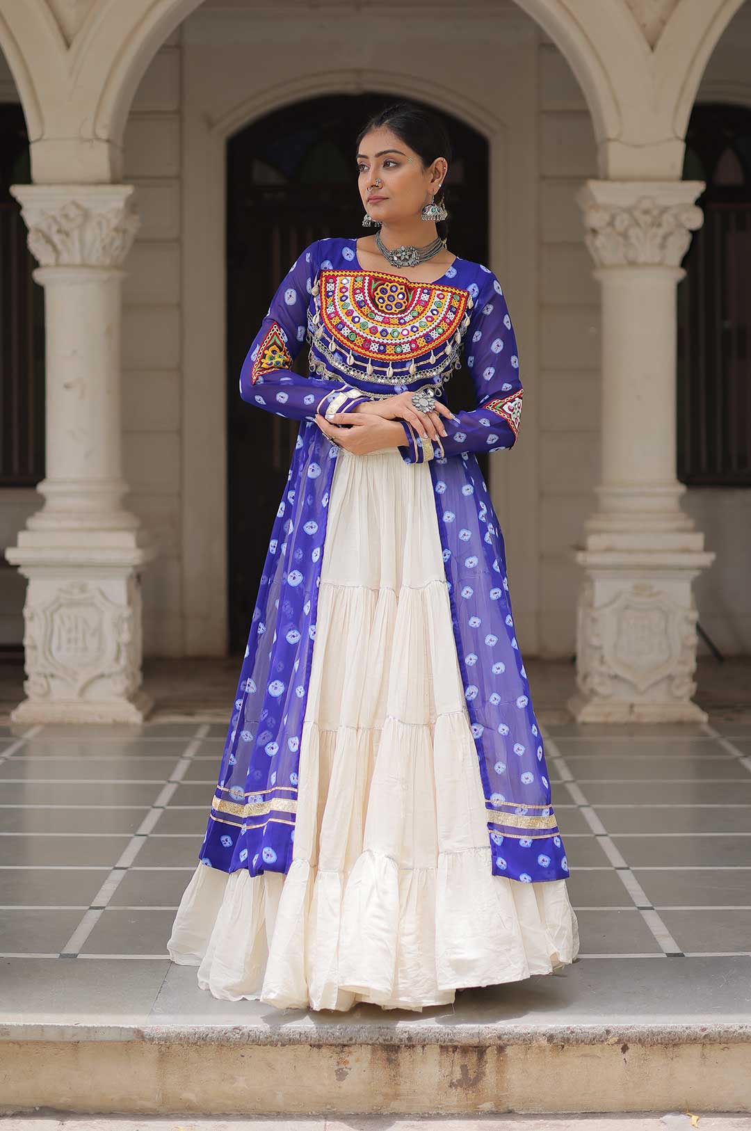 Blue Kora Cotton Lehenga with Bandhani Kutchi Work Kurti Set