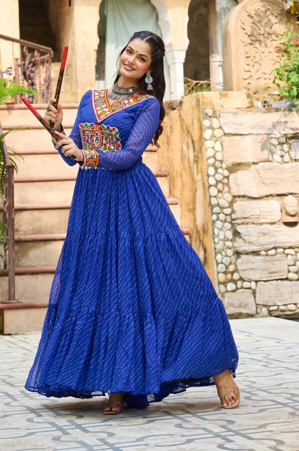 Blue Laheriya Gown with Kutchi Embroidery – Royal Garba Glamour