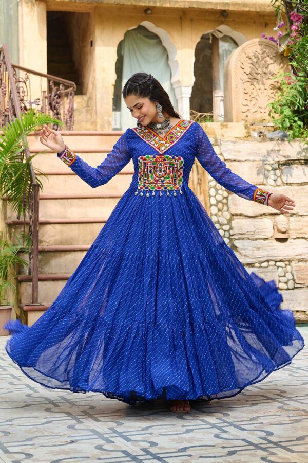 Blue Laheriya Gown with Kutchi Embroidery – Royal Garba Glamour