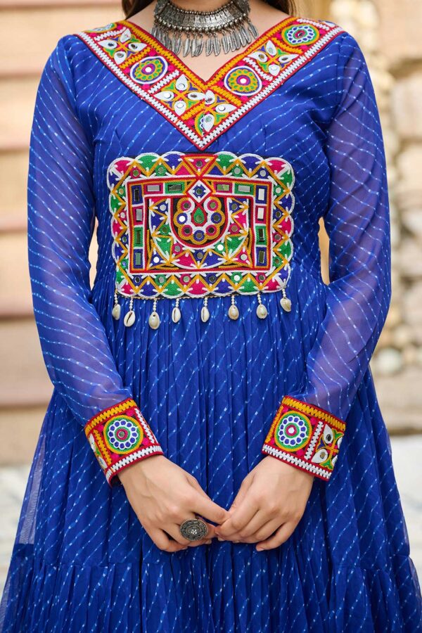 Blue Laheriya Gown with Kutchi Embroidery – Royal Garba Glamour
