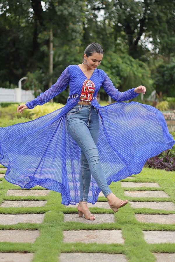 Blue Leheriya Faux Georgette Kurti with Kutchi Mirror Work
