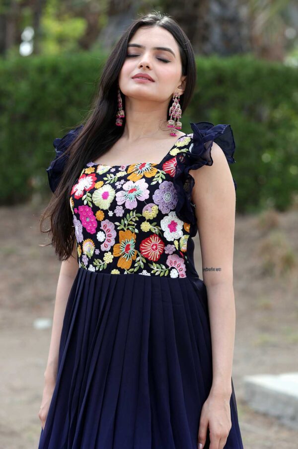 Blue Ombre Georgette Gown with Floral Embroidered Bodice