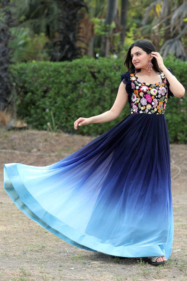 Blue Ombre Georgette Gown with Floral Embroidered Bodice