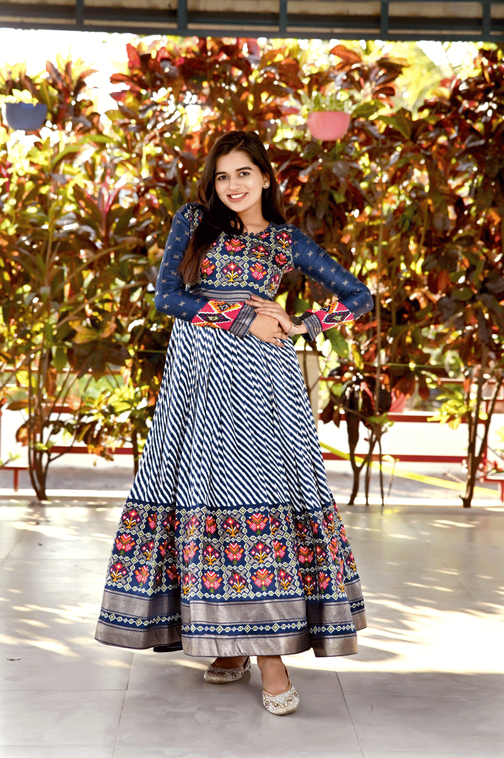Blue Patola Print Pashmina Silk Gown – Traditional Designer Gown for Festive Wear
