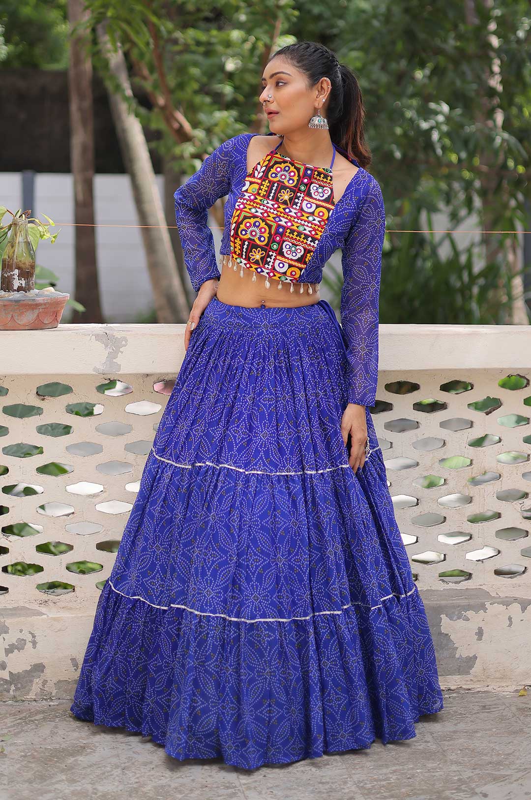 Blue Traditional Bandhej Lehenga Choli Set with Gotta Patti & Gamthi Embroidery