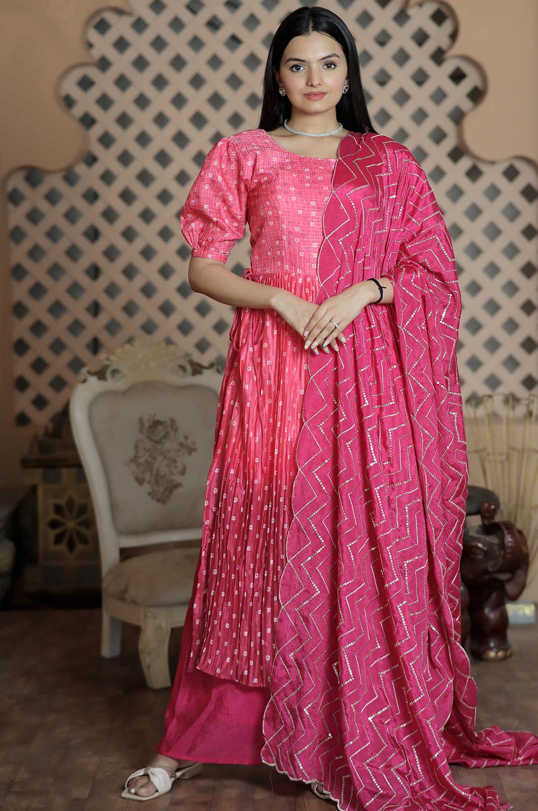Blush Elegance – Pink Maslin Kurti Set with Embroidered Chinnon Dupatta