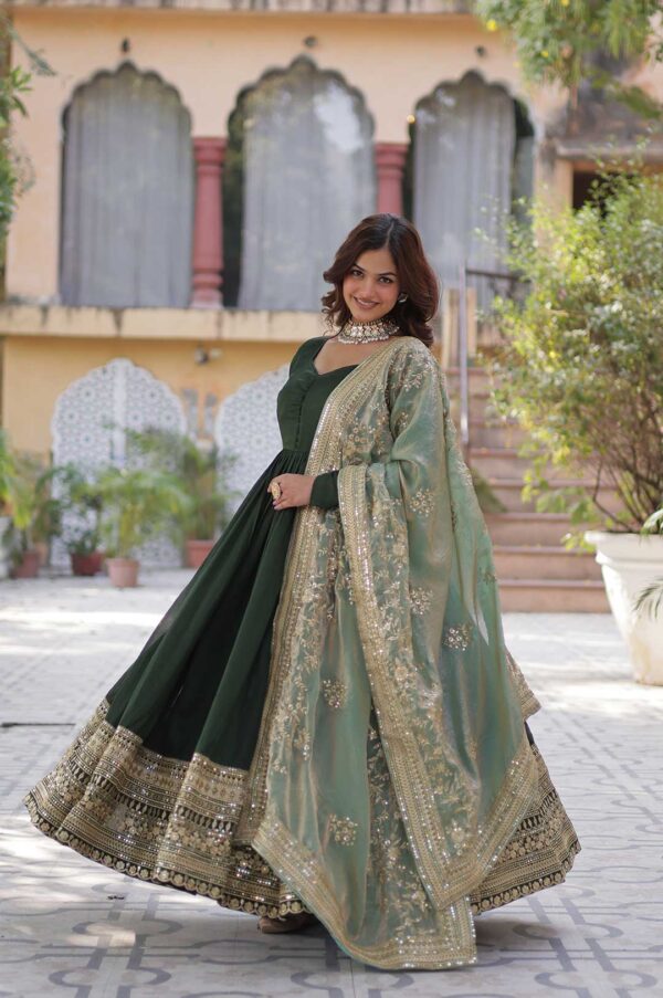 Bottle Green Embroidered Anarkali Gown with Zari Border & Dupatta