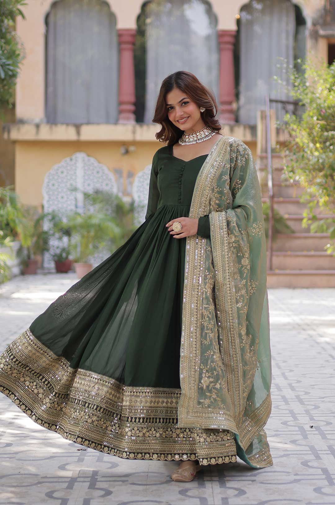 Bottle Green Embroidered Anarkali Gown with Zari Border & Dupatta