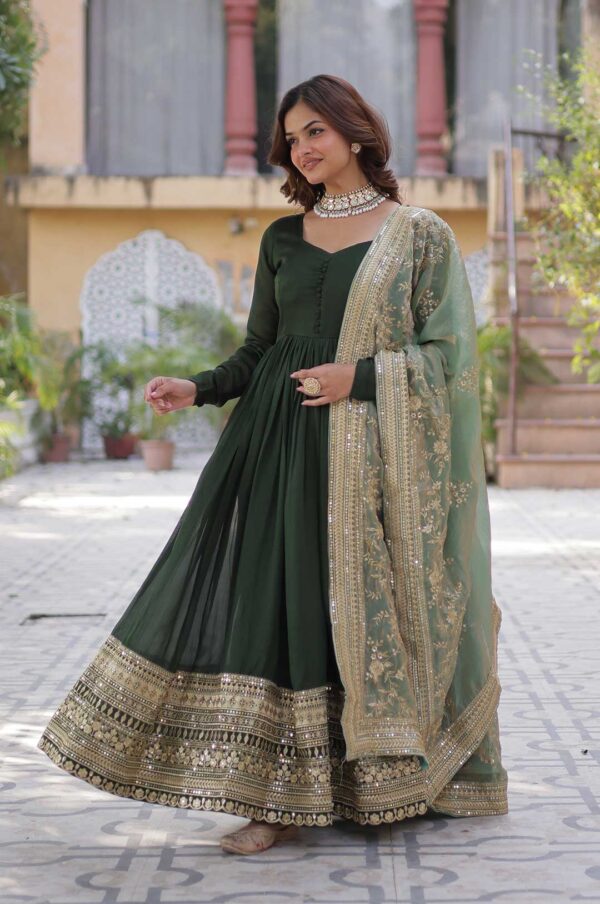 Bottle Green Embroidered Anarkali Gown with Zari Border & Dupatta