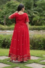 Crimson-Red-Georgette-Gown-with-Embroidered-Bodice-&amp;-Gold-Work-Border
