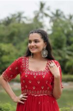 Crimson-Red-Georgette-Gown-with-Embroidered-Bodice-&amp;-Gold-Work-Border-2