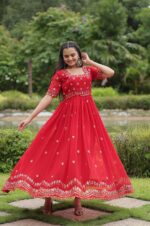 Crimson-Red-Georgette-Gown-with-Embroidered-Bodice-&amp;-Gold-Work-Border-3