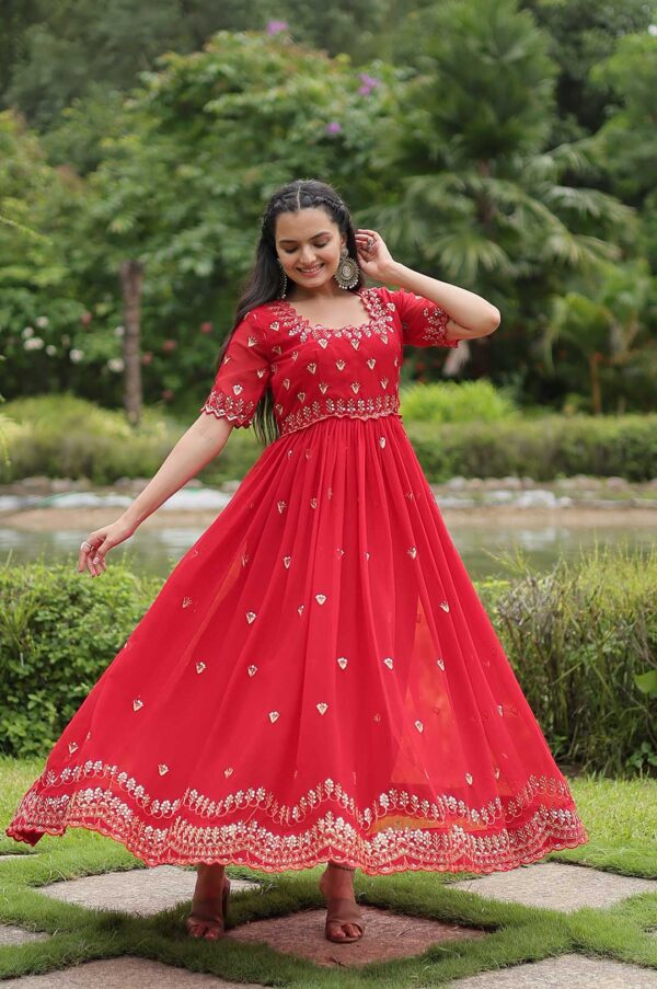 Crimson Red Georgette Gown with Embroidered Bodice & Gold Work Border